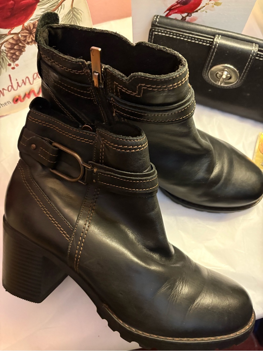Clarks Black Leather Ankle Heeled Boots with Buckle Trim